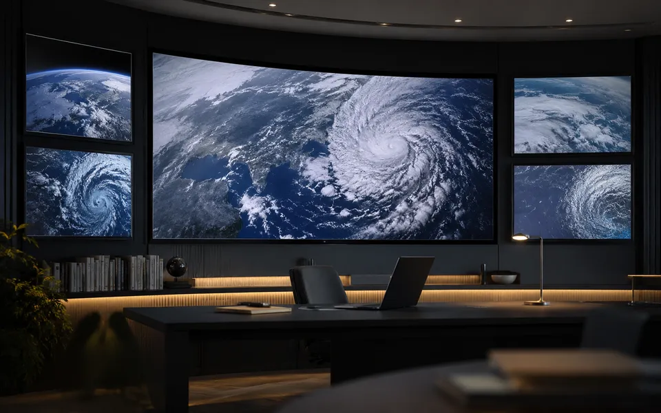 Climate data screens representing AI-assisted Earth system prediction