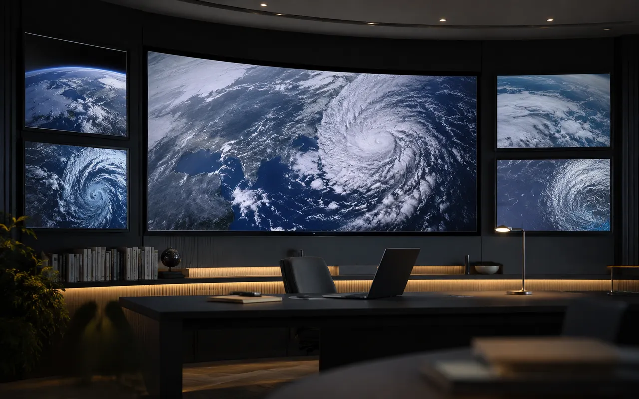 Climate data screens representing AI-assisted Earth system prediction